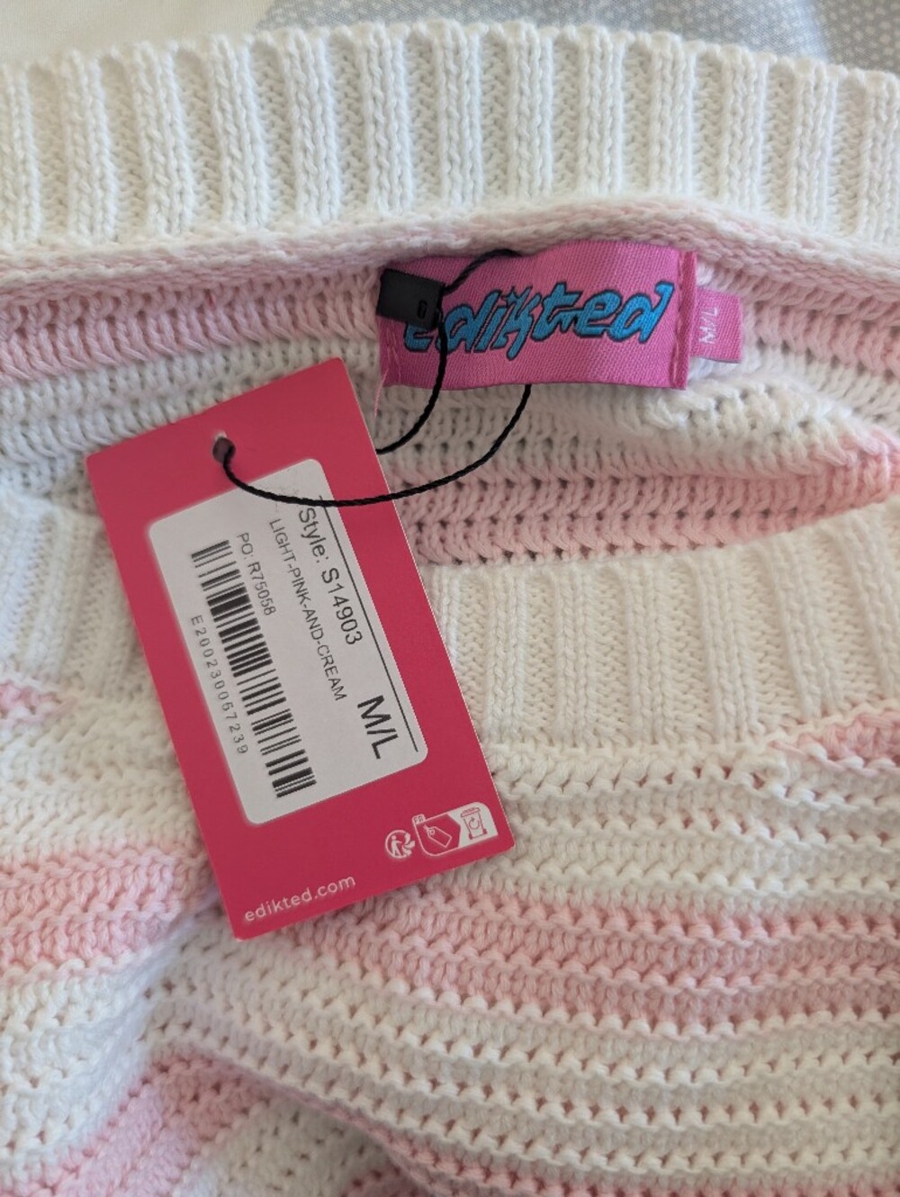 Edikted Womens M/L Aerin Oversized Sweater NWT 100% Cotton Pink White Striped - Picture 6 of 8
